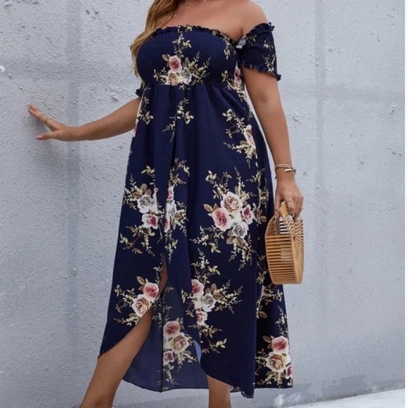 Boho Plus Floral Print Off Shoulder Cottagecore Dress - Picture 6 of 14